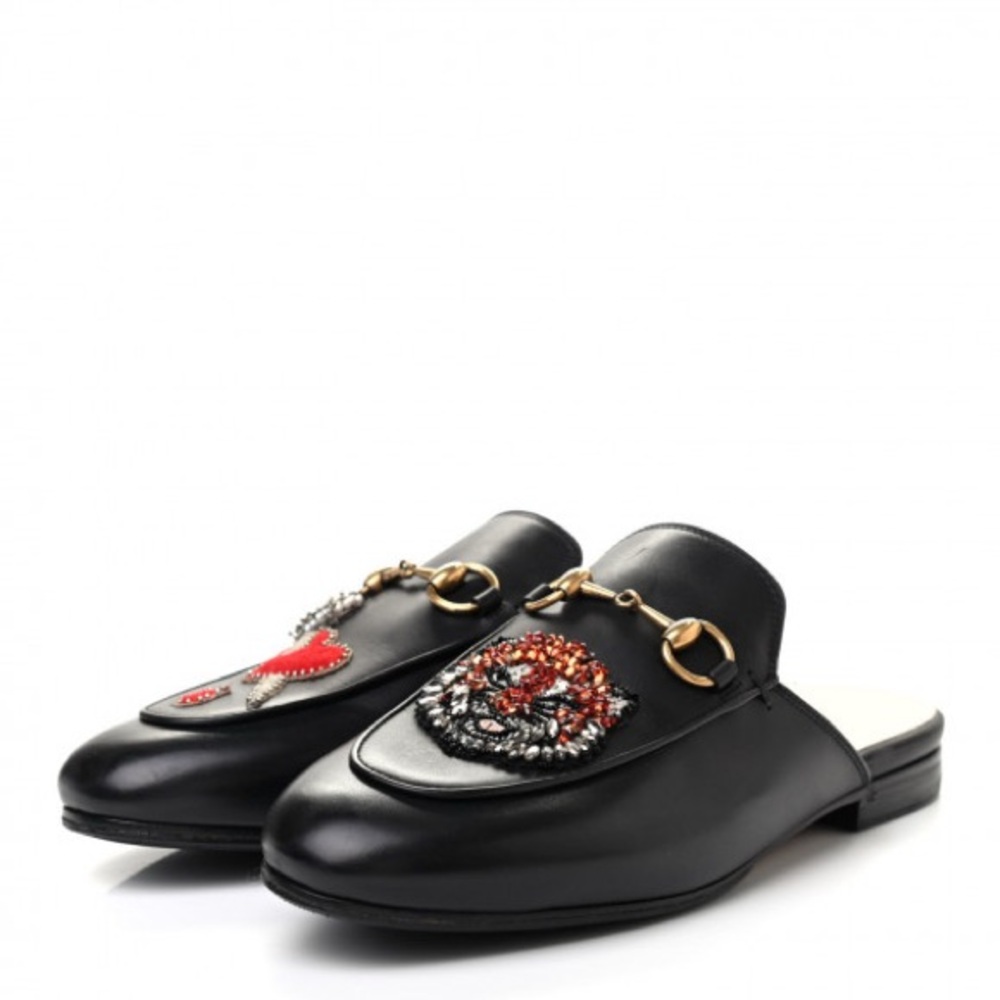 Gucci Black Princetown Mules with Embroidered Tiger and Heart